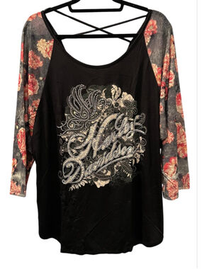 Harley Davidson NWT Butterfly Bling Embellished Floral Raglan Top Size 3XL Biker